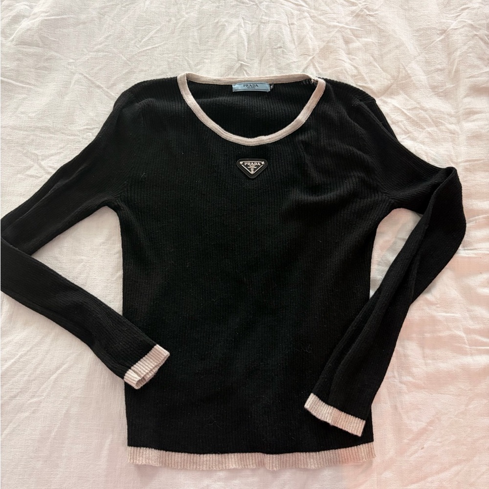 Prada Black Ribbed Sweater with Taupe Trim